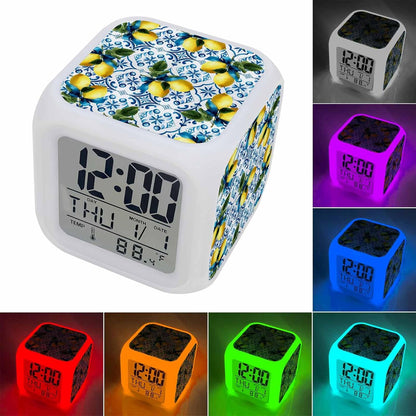 Yellow Lemons Alarm Clock, Watercolor Blue White Blue Mosaic Tiles Bohemian Style Digital Clock Night Light with 7 Color, Calendar Temp 12/24H Display, Snooze Model Silent Desk Clocks for Bedroom