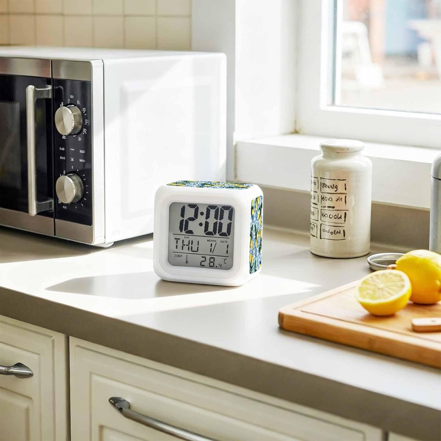 Yellow Lemons Alarm Clock, Watercolor Blue White Blue Mosaic Tiles Bohemian Style Digital Clock Night Light with 7 Color, Calendar Temp 12/24H Display, Snooze Model Silent Desk Clocks for Bedroom