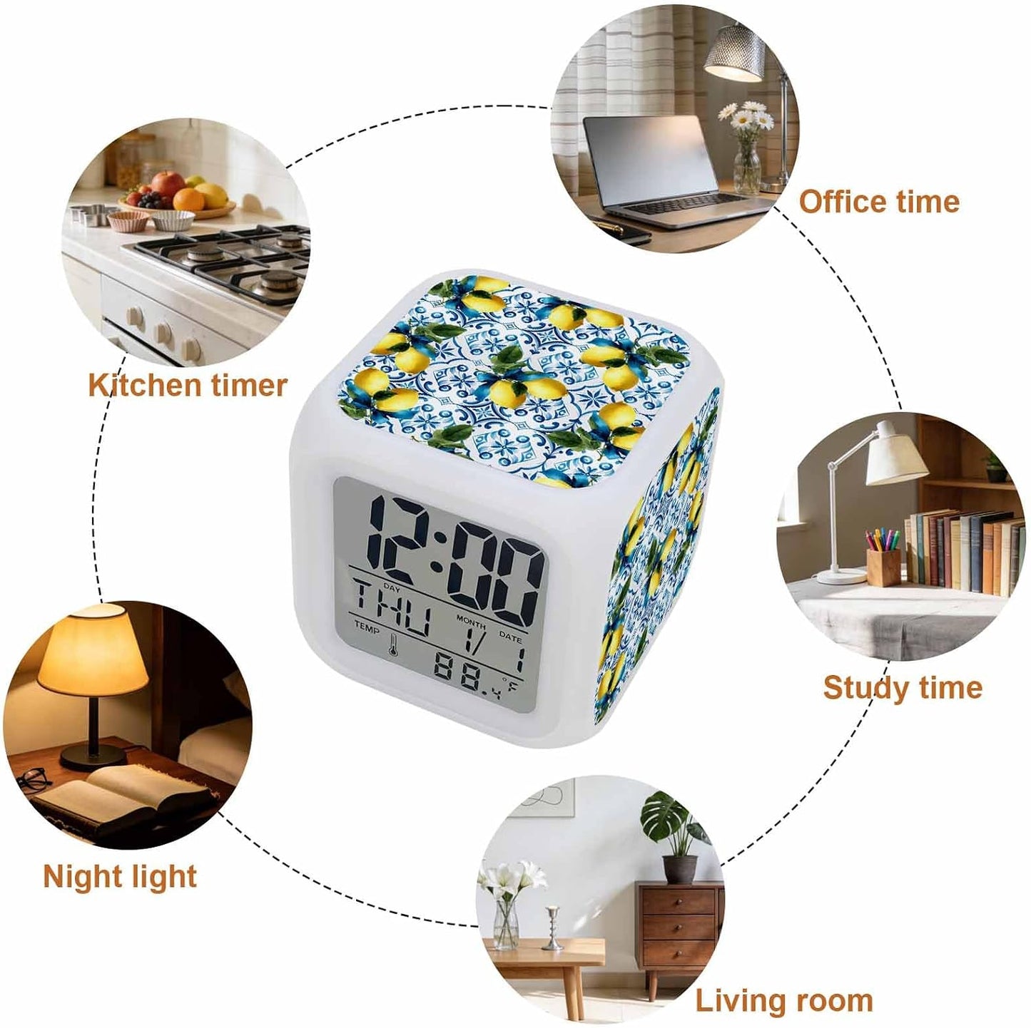 Yellow Lemons Alarm Clock, Watercolor Blue White Blue Mosaic Tiles Bohemian Style Digital Clock Night Light with 7 Color, Calendar Temp 12/24H Display, Snooze Model Silent Desk Clocks for Bedroom