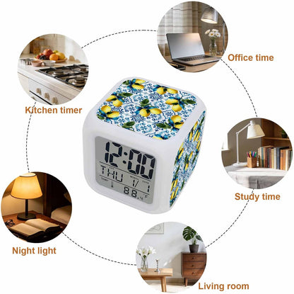 Yellow Lemons Alarm Clock, Watercolor Blue White Blue Mosaic Tiles Bohemian Style Digital Clock Night Light with 7 Color, Calendar Temp 12/24H Display, Snooze Model Silent Desk Clocks for Bedroom