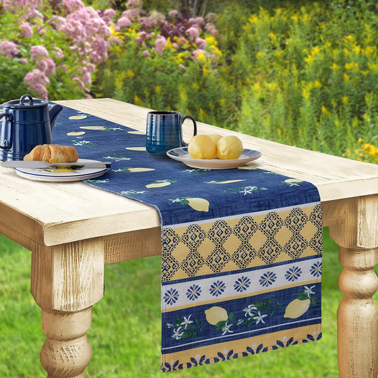 Rectangle Fabric Table Runner, 70 Inch Long, Blue Lemon Garden, Indoor Outdoor Stain and Water Resistant Fabric Table Runner, Mediterranean Orchard