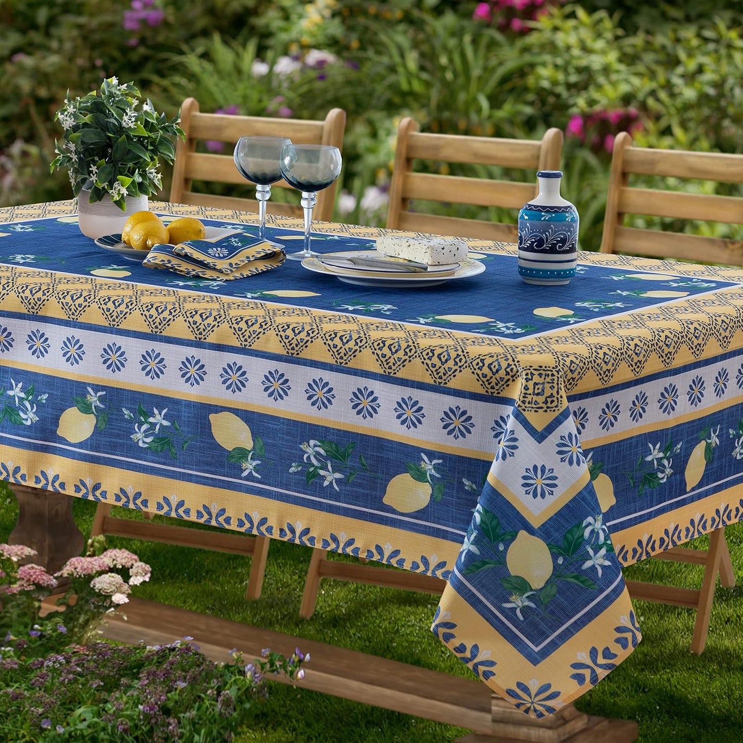 Rectangle Fabric Table Runner, 70 Inch Long, Blue Lemon Garden, Indoor Outdoor Stain and Water Resistant Fabric Table Runner, Mediterranean Orchard
