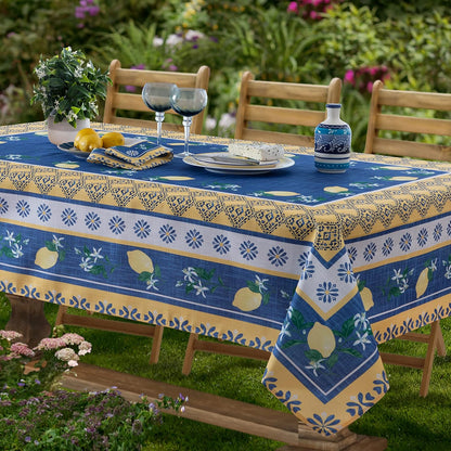 Rectangle Fabric Table Runner, 70 Inch Long, Blue Lemon Garden, Indoor Outdoor Stain and Water Resistant Fabric Table Runner, Mediterranean Orchard