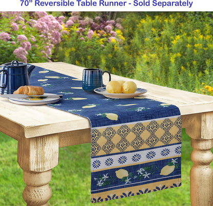 Rectangle Fabric Table Runner, 70 Inch Long, Blue Lemon Garden, Indoor Outdoor Stain and Water Resistant Fabric Table Runner, Mediterranean Orchard