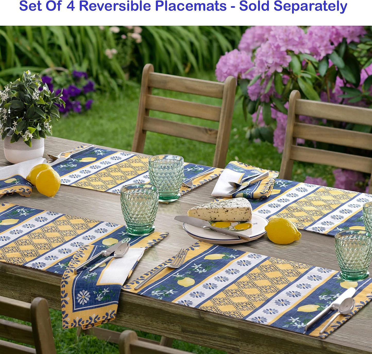 Rectangle Fabric Table Runner, 70 Inch Long, Blue Lemon Garden, Indoor Outdoor Stain and Water Resistant Fabric Table Runner, Mediterranean Orchard