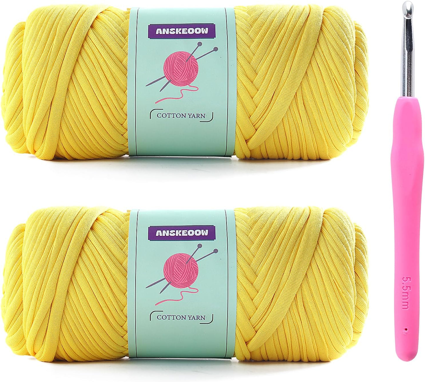 2 Skeins Tshirt Yarn for Crochet,Soft T Shirt Yarn for Crocheting Bag/Basket/Home Decor,Trapillo para Tejer a Crochet Bolsas with 1 Crochet Hook,Each Ribbon Yarn 7oz, 65yds (Chicken Yellow)