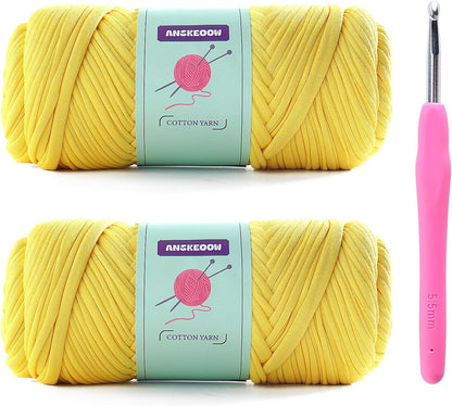 2 Skeins Tshirt Yarn for Crochet,Soft T Shirt Yarn for Crocheting Bag/Basket/Home Decor,Trapillo para Tejer a Crochet Bolsas with 1 Crochet Hook,Each Ribbon Yarn 7oz, 65yds (Chicken Yellow)