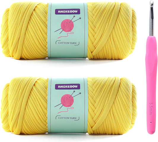 2 Skeins Tshirt Yarn for Crochet,Soft T Shirt Yarn for Crocheting Bag/Basket/Home Decor,Trapillo para Tejer a Crochet Bolsas with 1 Crochet Hook,Each Ribbon Yarn 7oz, 65yds (Chicken Yellow)