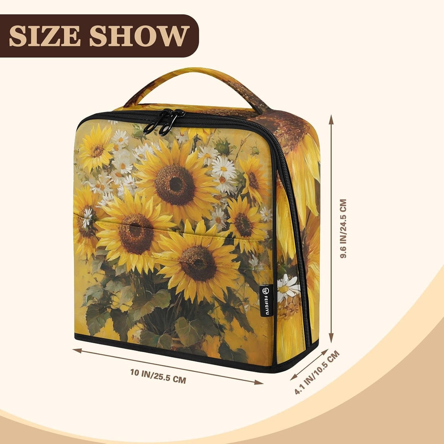 Designed Standing Makeup Bag Sunflowers Yellow | with dividers ,Waterproof Toiletry Bag For Women,Phone/Mirror Holder