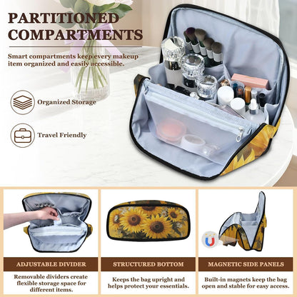 Designed Standing Makeup Bag Sunflowers Yellow | with dividers ,Waterproof Toiletry Bag For Women,Phone/Mirror Holder