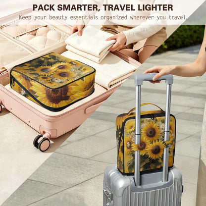 Designed Standing Makeup Bag Sunflowers Yellow | with dividers ,Waterproof Toiletry Bag For Women,Phone/Mirror Holder