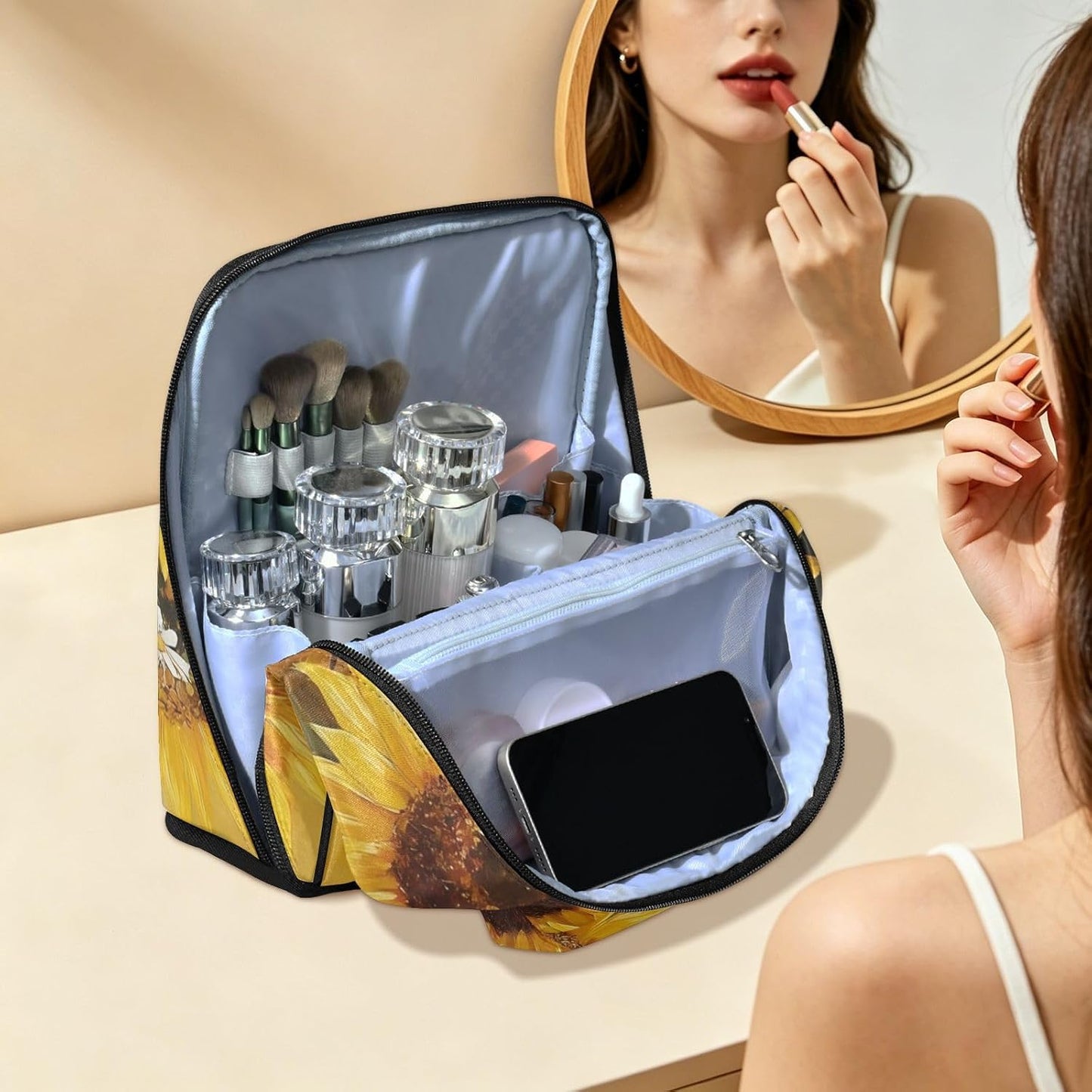 Designed Standing Makeup Bag Sunflowers Yellow | with dividers ,Waterproof Toiletry Bag For Women,Phone/Mirror Holder