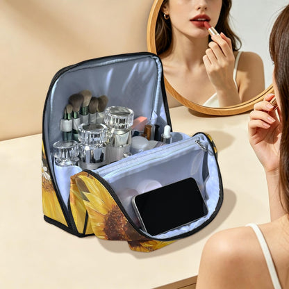 Designed Standing Makeup Bag Sunflowers Yellow | with dividers ,Waterproof Toiletry Bag For Women,Phone/Mirror Holder