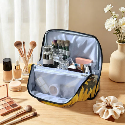 Designed Standing Makeup Bag Sunflowers Yellow | with dividers ,Waterproof Toiletry Bag For Women,Phone/Mirror Holder