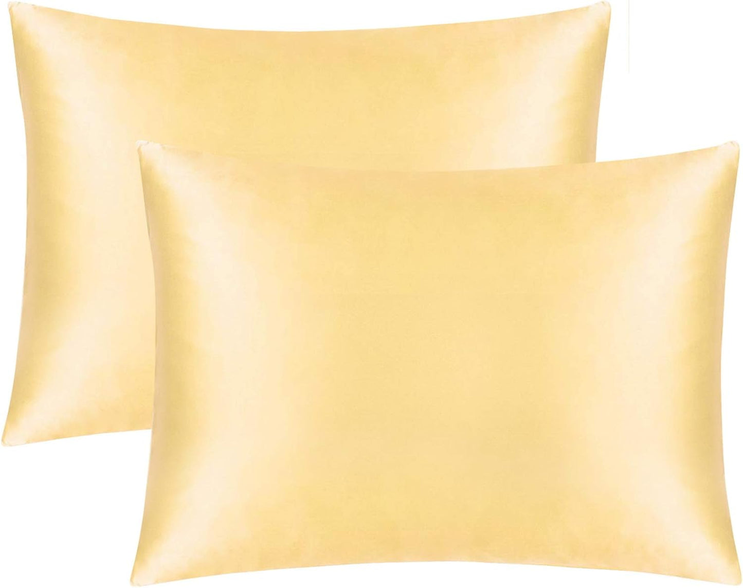 2 Pack Zipped Satin Standard Pillowcases for Hair and Skin, Silky and Super Soft (20"x26") Zippered Satin Pillow Cases, Yellow, 20x26 Inches