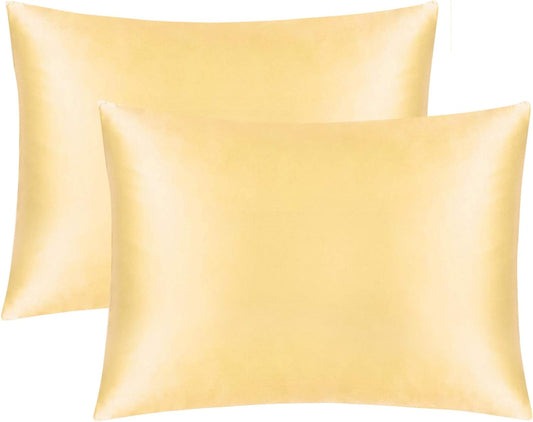 2 Pack Zipped Satin Standard Pillowcases for Hair and Skin, Silky and Super Soft (20"x26") Zippered Satin Pillow Cases, Yellow, 20x26 Inches