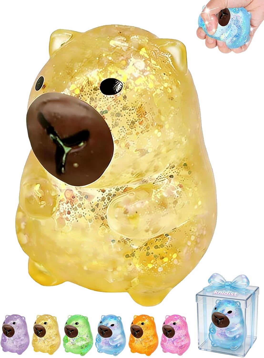 Capybara Squishy Glitter Animal Squeeze Balls Cute Capybara Stress Ball Anxiety Relief Slow Rise Adult Sensory Fidget Tool Gift Sparkling Desk Decor Collectibles Decompression Dough(Yellow)