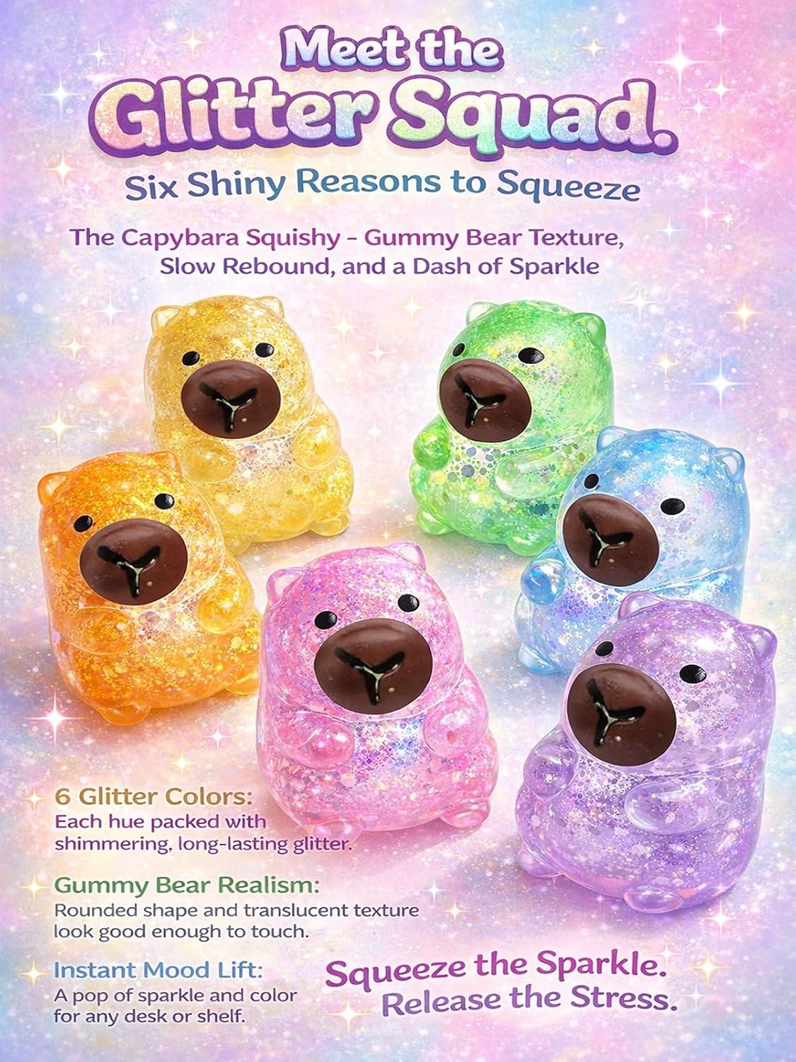 Capybara Squishy Glitter Animal Squeeze Balls Cute Capybara Stress Ball Anxiety Relief Slow Rise Adult Sensory Fidget Tool Gift Sparkling Desk Decor Collectibles Decompression Dough(Yellow)
