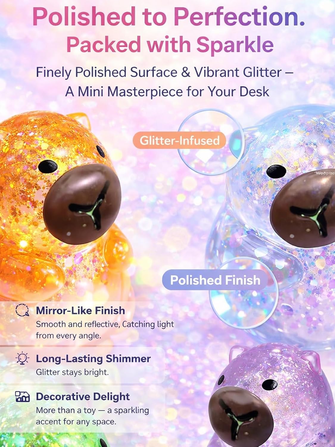 Capybara Squishy Glitter Animal Squeeze Balls Cute Capybara Stress Ball Anxiety Relief Slow Rise Adult Sensory Fidget Tool Gift Sparkling Desk Decor Collectibles Decompression Dough(Yellow)