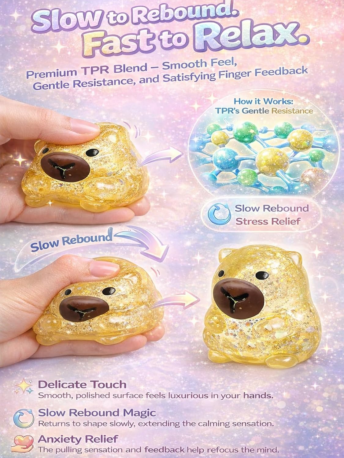 Capybara Squishy Glitter Animal Squeeze Balls Cute Capybara Stress Ball Anxiety Relief Slow Rise Adult Sensory Fidget Tool Gift Sparkling Desk Decor Collectibles Decompression Dough(Yellow)