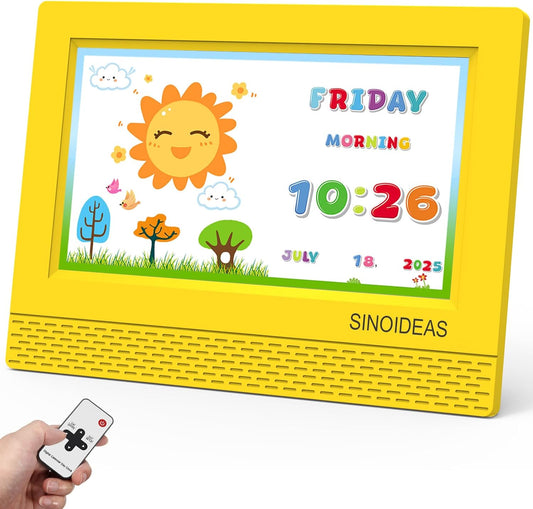 7-Inch Kids' Digital Alarm Clock,Children's Sleep Trainer with Remote Control & Custom Reminder Function (Yellow)