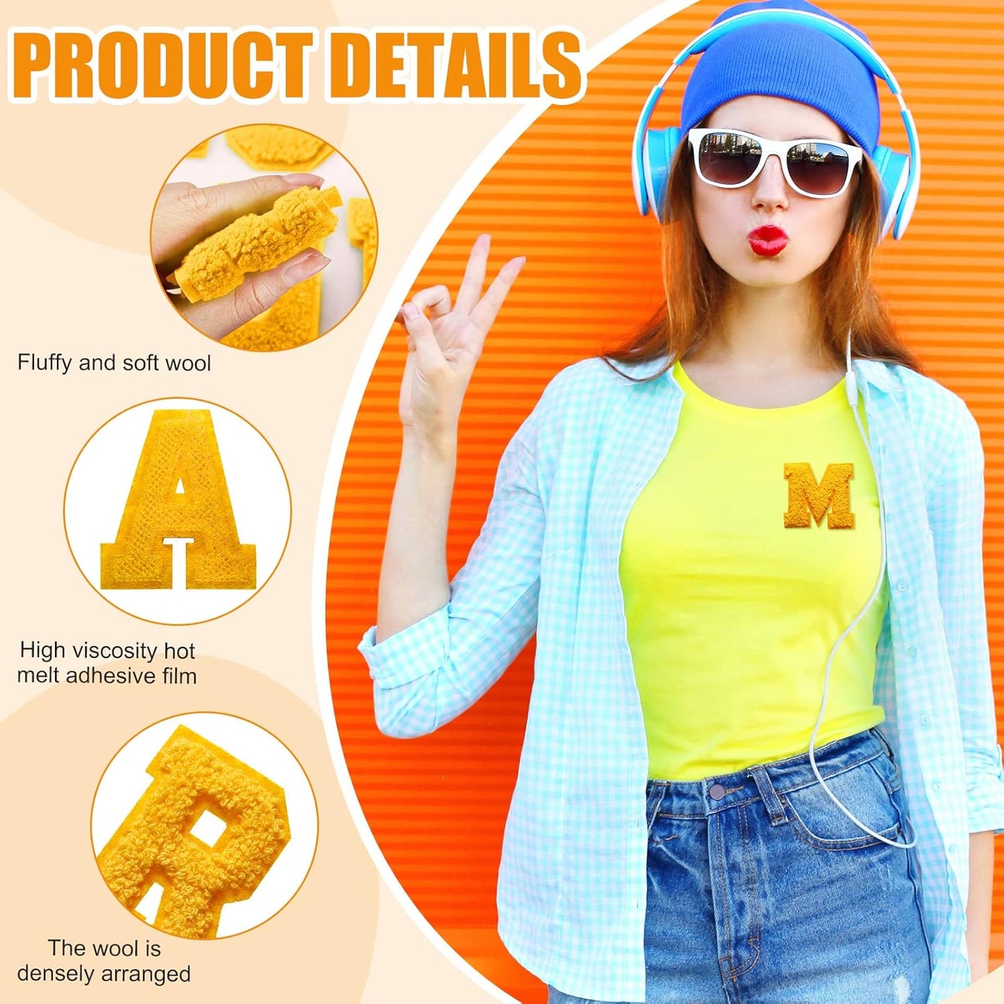 26 Pcs Preppy Chenille Letter Iron on Letters Patches 2.8 Inch Self Adhesive, Sew on Chenille A-Z Alphabet Letter Patches for Clothing DIY Supplies(Yellow Style)