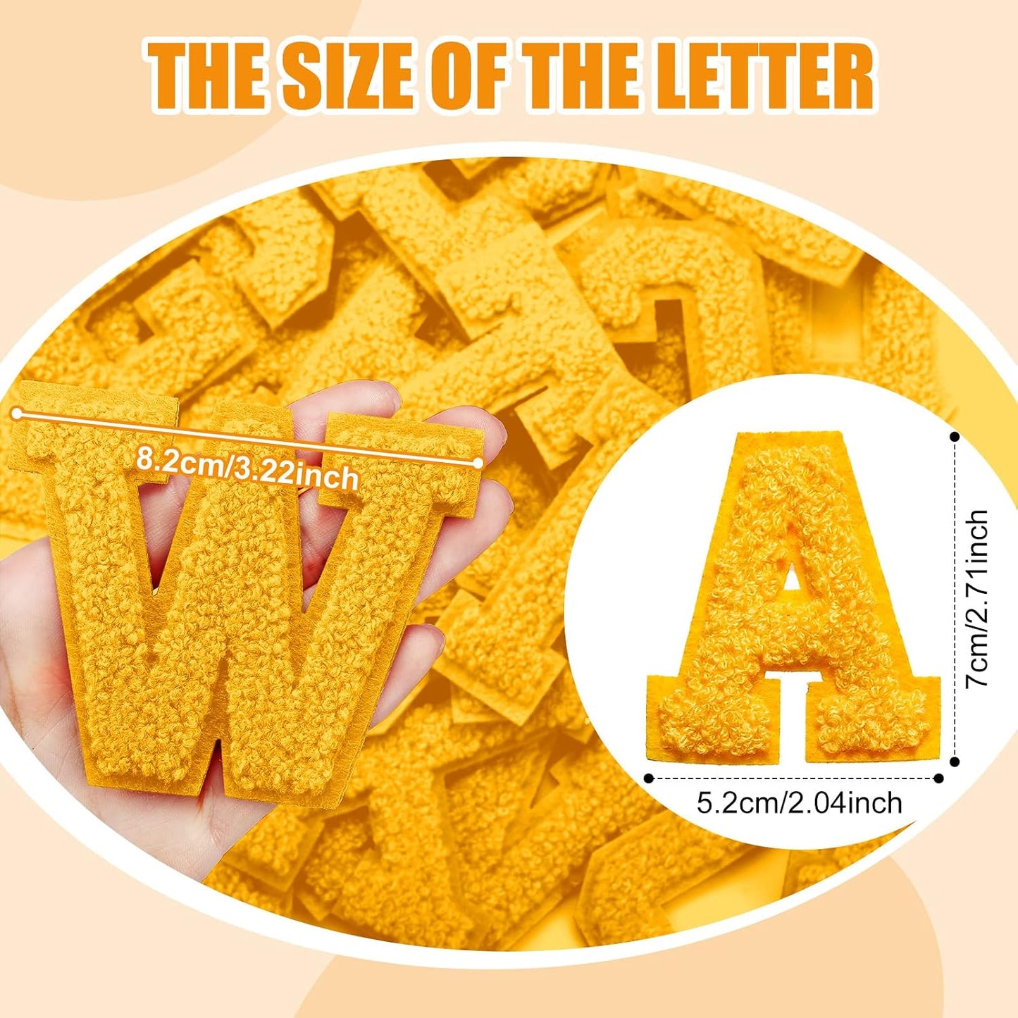 26 Pcs Preppy Chenille Letter Iron on Letters Patches 2.8 Inch Self Adhesive, Sew on Chenille A-Z Alphabet Letter Patches for Clothing DIY Supplies(Yellow Style)
