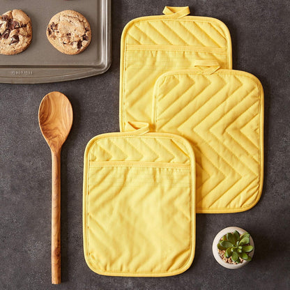 Heat Resistant Quilted Cotton Pot Holder Set, Designed with Space to Personalize Allowing a Customized Design, 7x9, Yellow, 3 Count