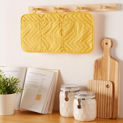 Heat Resistant Quilted Cotton Pot Holder Set, Designed with Space to Personalize Allowing a Customized Design, 7x9, Yellow, 3 Count