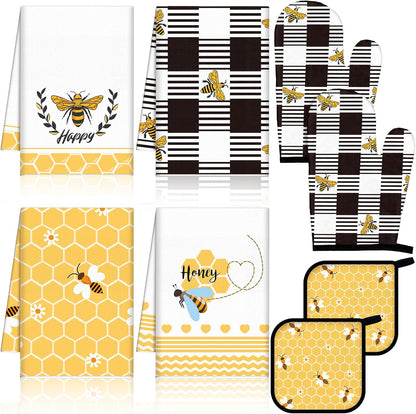 8 Pcs Yellow Bee Kitchen Towels and Dishcloths Sets Oven Mitts and Pot Holders Sets Absorbent Kitchen Gloves Potholders Heat Resistant for Chef Baking Cooking
