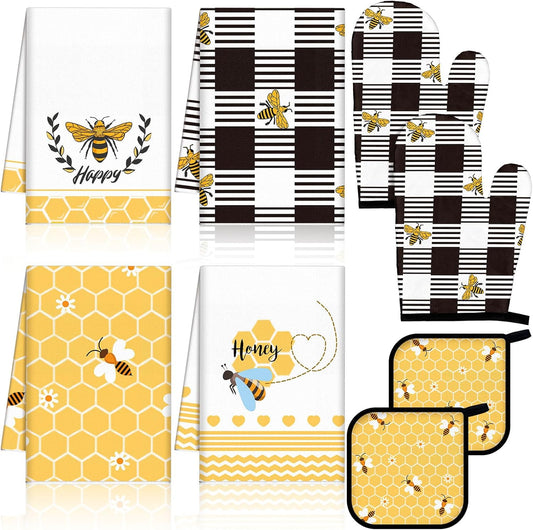 8 Pcs Yellow Bee Kitchen Towels and Dishcloths Sets Oven Mitts and Pot Holders Sets Absorbent Kitchen Gloves Potholders Heat Resistant for Chef Baking Cooking