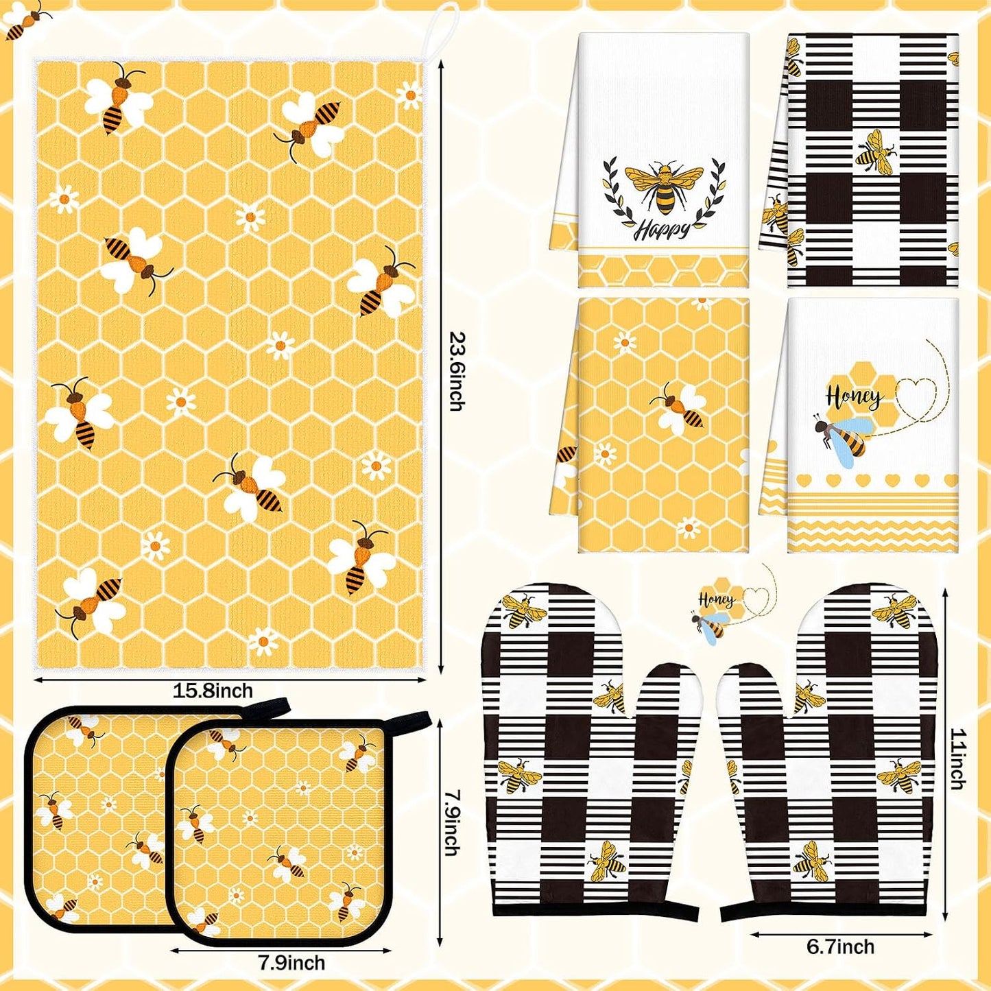 8 Pcs Yellow Bee Kitchen Towels and Dishcloths Sets Oven Mitts and Pot Holders Sets Absorbent Kitchen Gloves Potholders Heat Resistant for Chef Baking Cooking