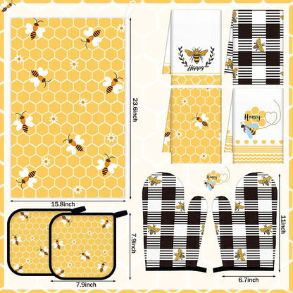 8 Pcs Yellow Bee Kitchen Towels and Dishcloths Sets Oven Mitts and Pot Holders Sets Absorbent Kitchen Gloves Potholders Heat Resistant for Chef Baking Cooking