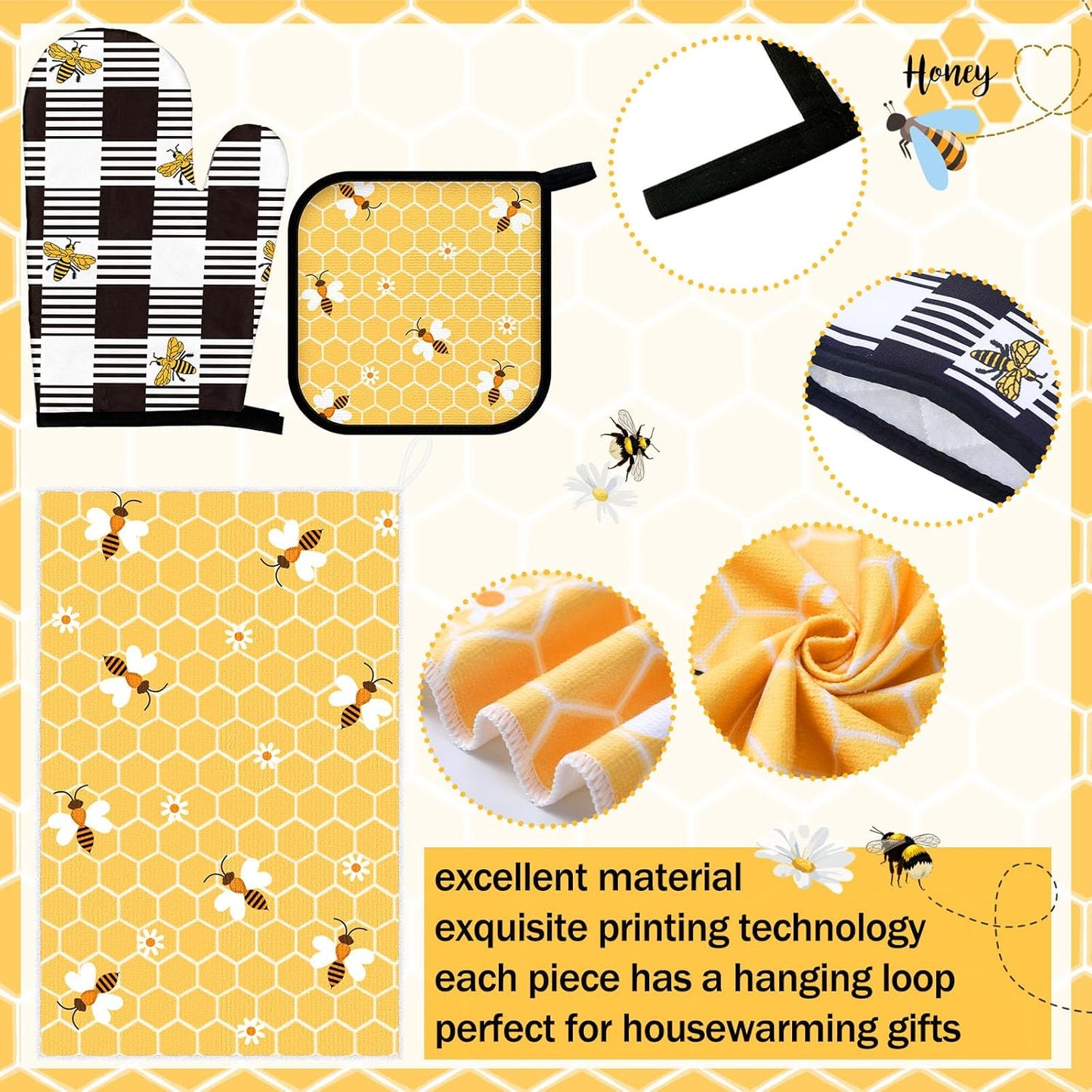 8 Pcs Yellow Bee Kitchen Towels and Dishcloths Sets Oven Mitts and Pot Holders Sets Absorbent Kitchen Gloves Potholders Heat Resistant for Chef Baking Cooking