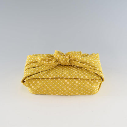 Japanese Furoshiki Cute Handkerchief & Bento Kinchaku Bag Cotton Fabric Wrapping Cloth Handmade in Kyoto Gifts Souvenir (105x105cm, Cross sashiko) (Yellow)