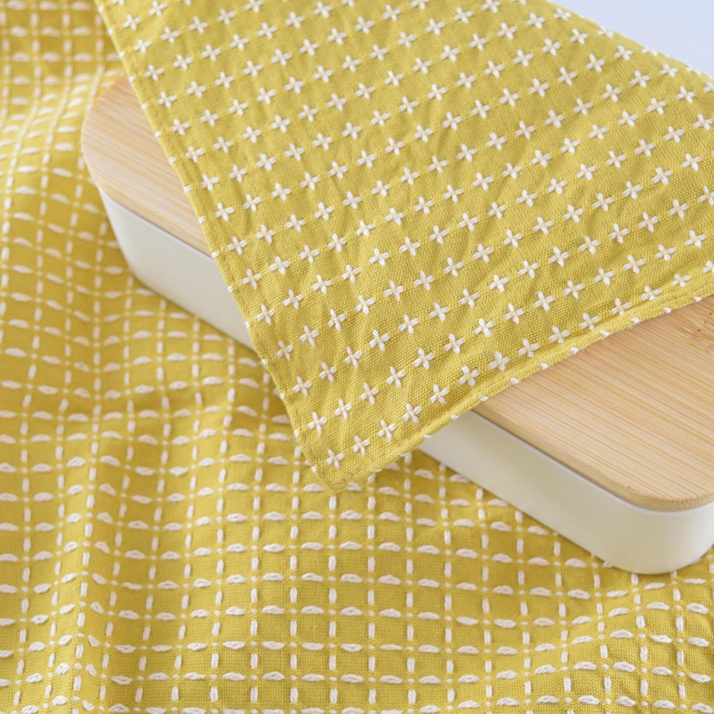 Japanese Furoshiki Cute Handkerchief & Bento Kinchaku Bag Cotton Fabric Wrapping Cloth Handmade in Kyoto Gifts Souvenir (105x105cm, Cross sashiko) (Yellow)