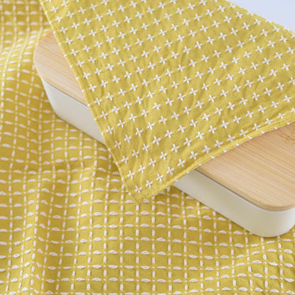 Japanese Furoshiki Cute Handkerchief & Bento Kinchaku Bag Cotton Fabric Wrapping Cloth Handmade in Kyoto Gifts Souvenir (105x105cm, Cross sashiko) (Yellow)