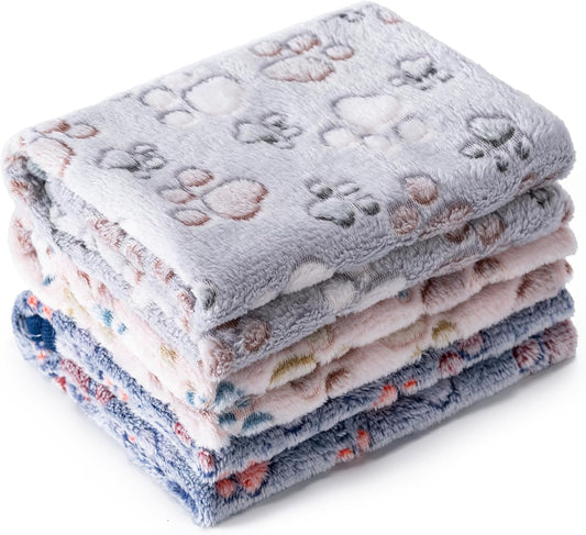 1 Pack 3 Blankets for Dog Puppy Cat (Small 23x16'', Pink, Yellow, Blue) | Super Soft Fluffy Premium Fleece Pet Blanket Flannel Paw Printed Throw