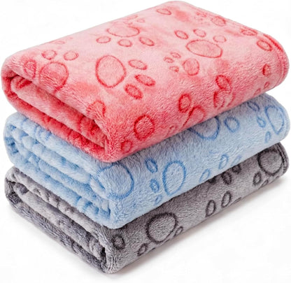 1 Pack 3 Blankets for Dog Puppy Cat (Small 23x16'', Pink, Yellow, Blue) | Super Soft Fluffy Premium Fleece Pet Blanket Flannel Paw Printed Throw