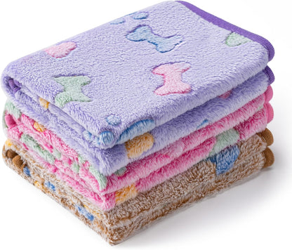 1 Pack 3 Blankets for Dog Puppy Cat (Small 23x16'', Pink, Yellow, Blue) | Super Soft Fluffy Premium Fleece Pet Blanket Flannel Paw Printed Throw