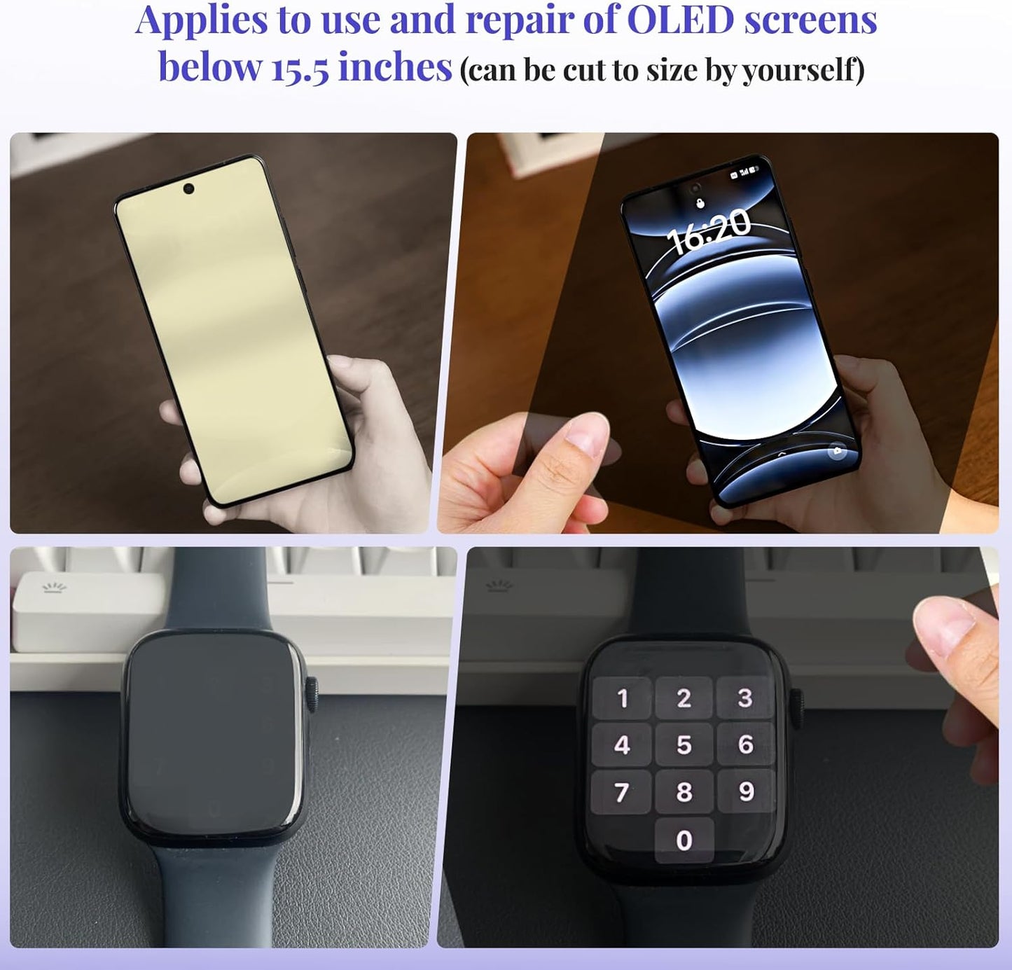 OLED Display Screen Polarizing Film, Thickness 0.1mm 2 Pack Adhesive OLED Polarizing Film, 7.7 x 12.4 in, Suitable for Repair and Replacement of OLED Displays Under 15.5 in