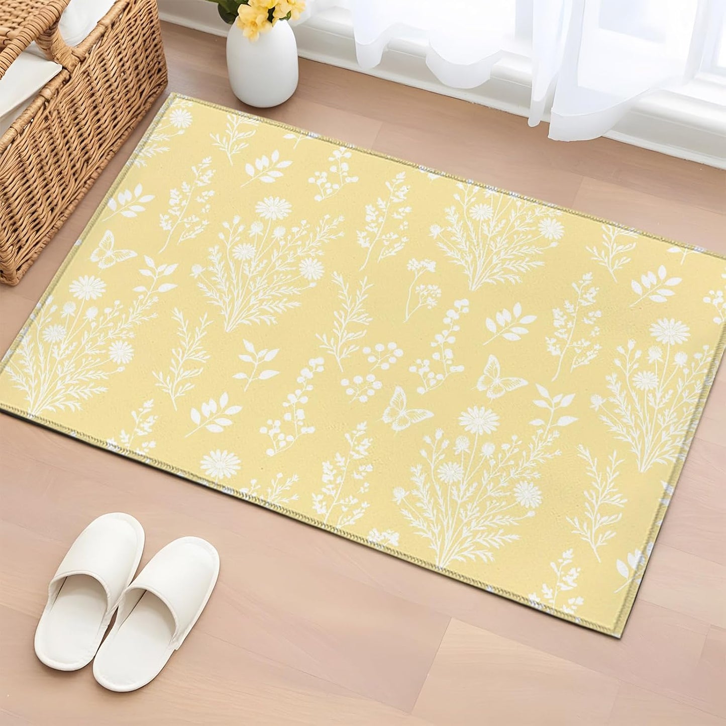Area Rugs 2x3 for Living Room, Light Yellow Botanical Non Slip Washable Rug Runner, Spring Summer Chic Wildflowers Low Pile Indoor Floor Carpet Mat Bathroom Rugs for Bedroom, Kids Room