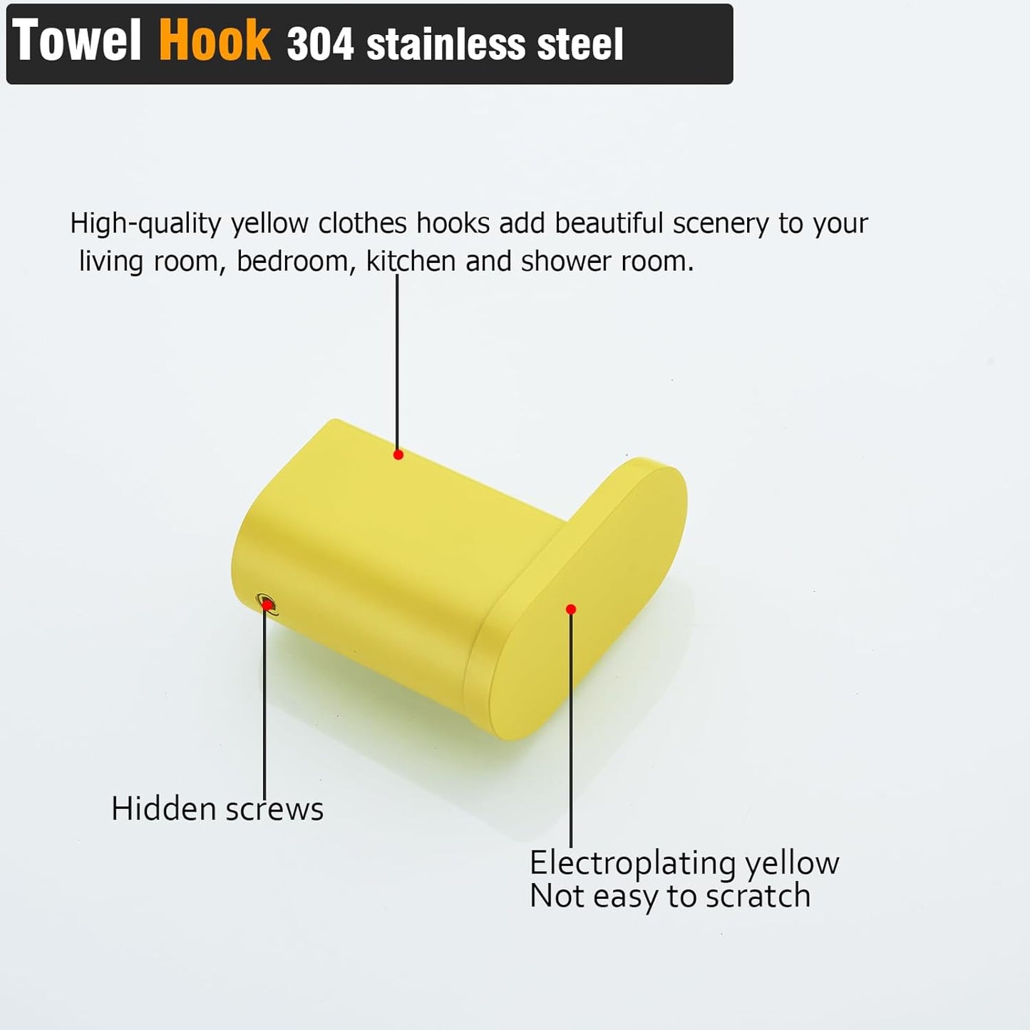 Yellow Towel Hooks for Bathrooms Round Shower Hooks SUS304 Stainless Steel Wall Mount Coat Hooks.RD-96026-8YL