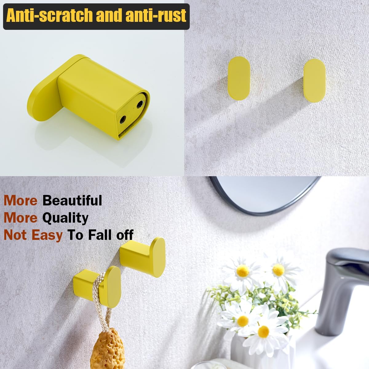 Yellow Towel Hooks for Bathrooms Round Shower Hooks SUS304 Stainless Steel Wall Mount Coat Hooks.RD-96026-8YL