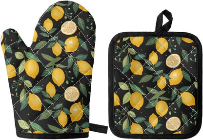 Fruit Lemon Oven Mitts and Pot Holders Sets of 2 Heat Resistant Oven Mitts Gloves Non-Slip Kitchen Mittens Potholders for Cooking Baking Grilling BBQ