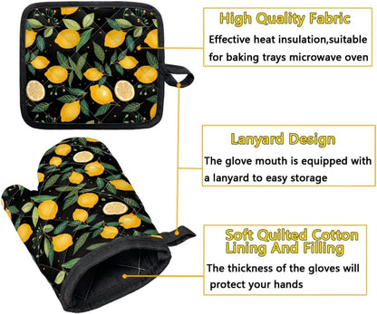 Fruit Lemon Oven Mitts and Pot Holders Sets of 2 Heat Resistant Oven Mitts Gloves Non-Slip Kitchen Mittens Potholders for Cooking Baking Grilling BBQ