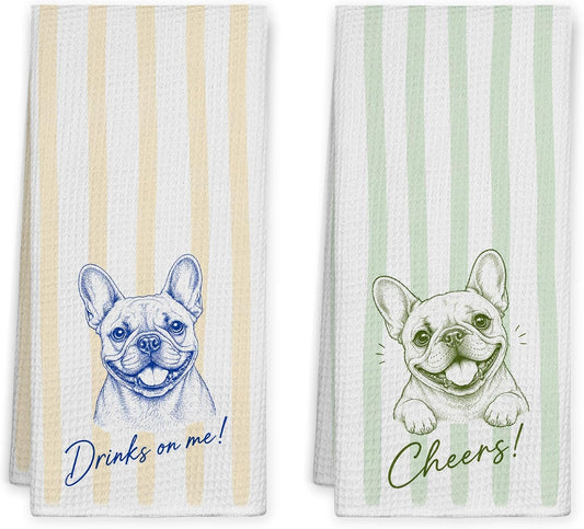 Funny French Bulldog Bar Kitchen Towels 16x24 Inch, Frenchie Gifts for Women Men, Light Yellow and Green Striped Dog Hand Towels for Kitchen Bar Cart Pub, Set of 2