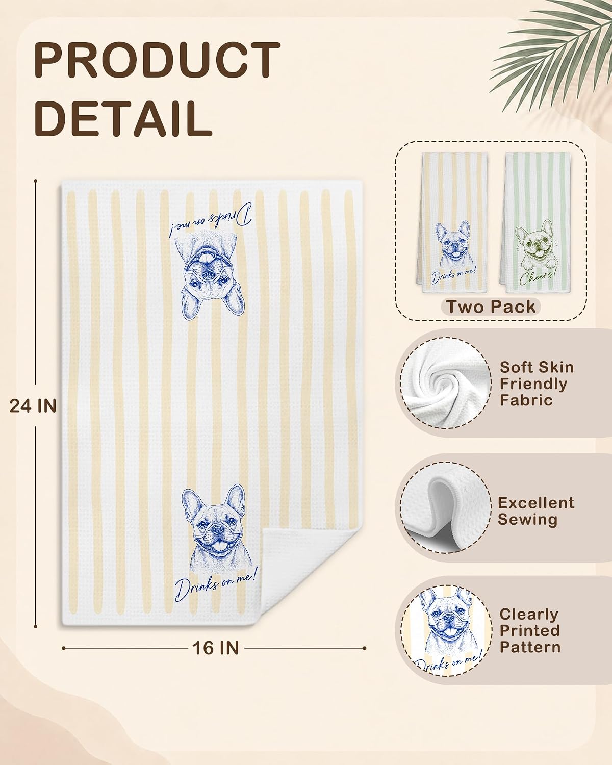 Funny French Bulldog Bar Kitchen Towels 16x24 Inch, Frenchie Gifts for Women Men, Light Yellow and Green Striped Dog Hand Towels for Kitchen Bar Cart Pub, Set of 2