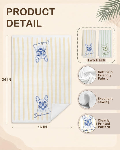 Funny French Bulldog Bar Kitchen Towels 16x24 Inch, Frenchie Gifts for Women Men, Light Yellow and Green Striped Dog Hand Towels for Kitchen Bar Cart Pub, Set of 2