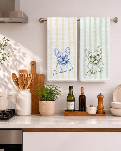 Funny French Bulldog Bar Kitchen Towels 16x24 Inch, Frenchie Gifts for Women Men, Light Yellow and Green Striped Dog Hand Towels for Kitchen Bar Cart Pub, Set of 2